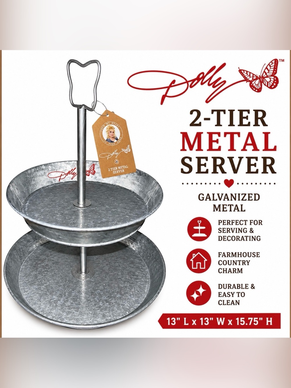 NWT Dolly Parton 2-Tier Galvanized Metal Tray Stand Farmhouse Rustic Décor | 13”